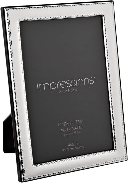 Silver-plated photo frame with 'Impressions' branding on a white background.