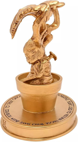 Gold trophy with a figure holding a sword on a white background