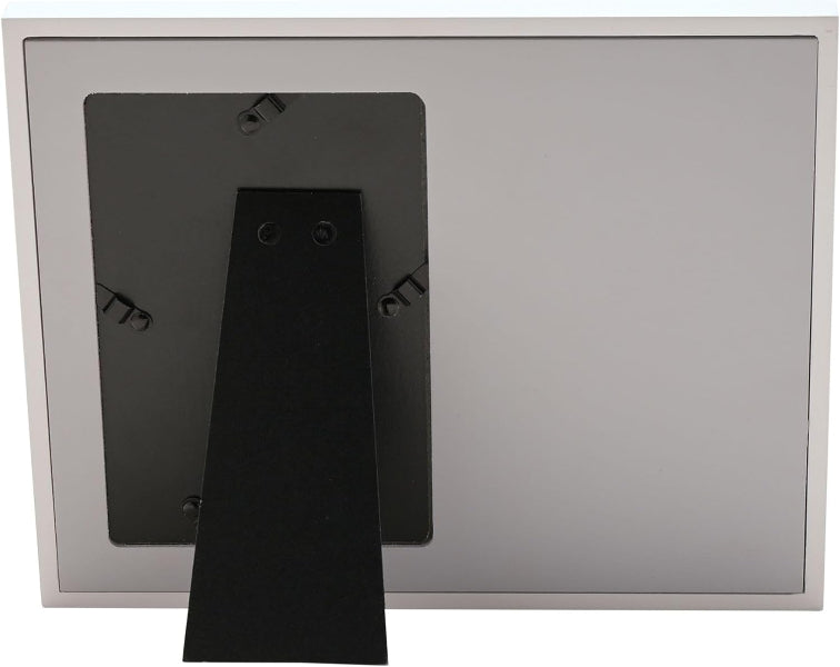Metallic frame with a black rectangular object inside on a white background