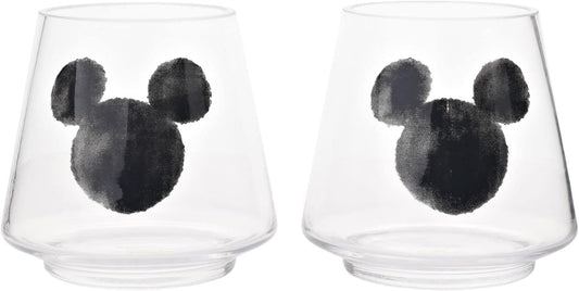 Two clear glasses with black mouse ear designs on a white background