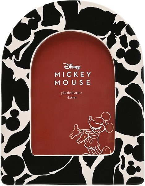 Disney Mickey Mouse photo frame with a black and off-white cow-print patterned border and a central red insert area featuring white Mickey Mouse artwork and text.