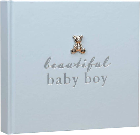 Light blue album with 'beautiful baby boy' text and a teddy bear on top