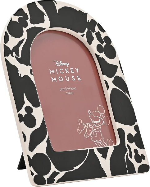 Disney Mickey Mouse arched photo frame with a black and off-white abstract pattern, featuring a pink-tinted glass insert and a small stand.