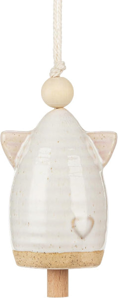 A ceramic cat-shaped hanging ornament in a speckled off-white glaze, with a wooden bead and string at the top, a small wooden stand at the bottom, and a tiny heart detail on the front.