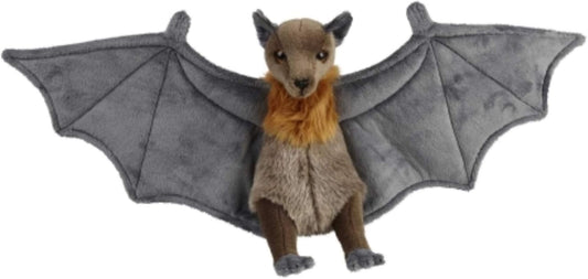 Plush toy bat with gray wings and brown body on a white background