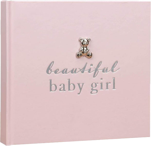 Pink album with 'beautiful baby girl' text and a teddy bear on a white background