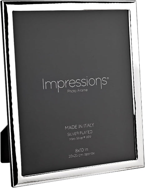 A silver-plated square photo frame with a black insert and visible 'Impressions' branding on the insert, photographed on a plain white background.