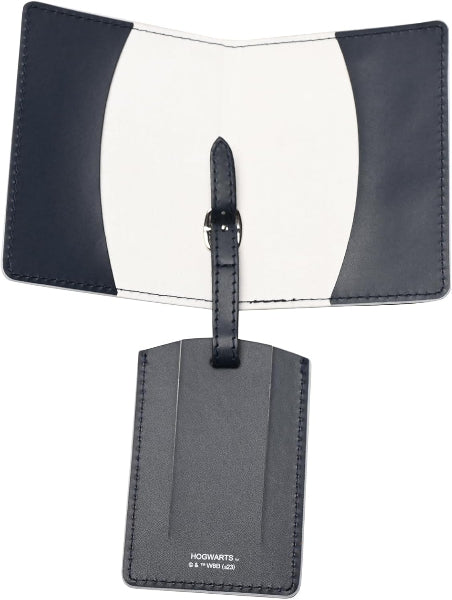 Black and white luggage tag with a strap on a white background