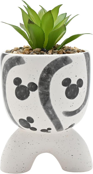 Ceramic planter with panda design and succulent plant on a white background