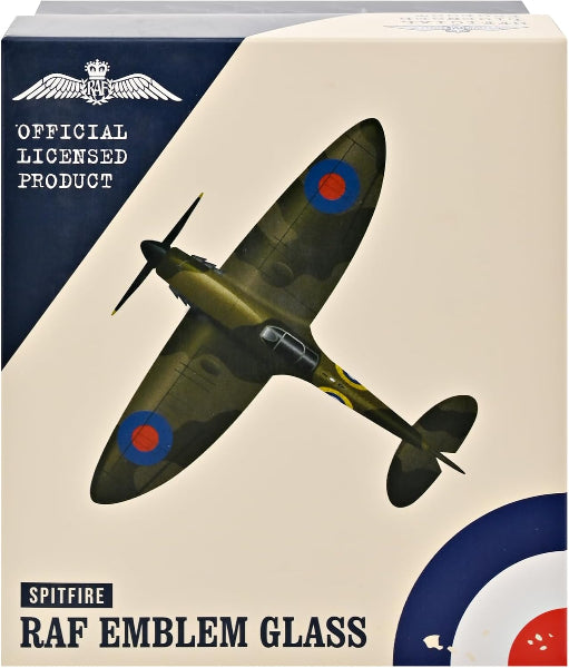 Box for a Spitfire RAF emblem glass with an airplane illustration on a beige and blue background.