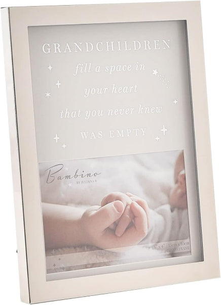 A square white picture frame with a sentimental message for grandchildren. The top portion is frosted with the text 'GRANDCHILDREN fill a space in your heart that you never knew WAS EMPTY' surrounded by small star illustrations.