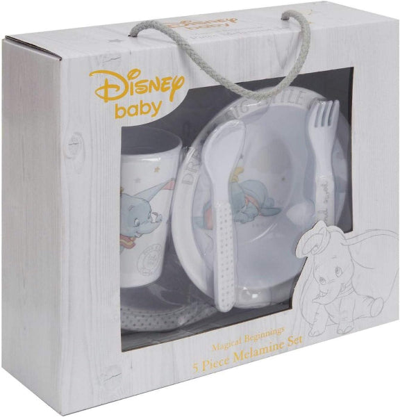 Disney baby 5-piece mealtime set in packaging with Dumbo design