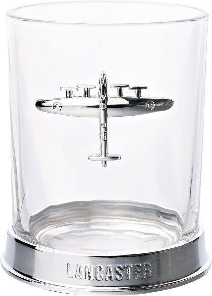 Clear glass tumbler with silver airplane decoration and 'Lancaster' branding.
