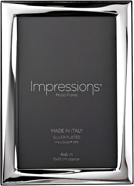 Silver photo frame with 'Impressions' branding on a black background
