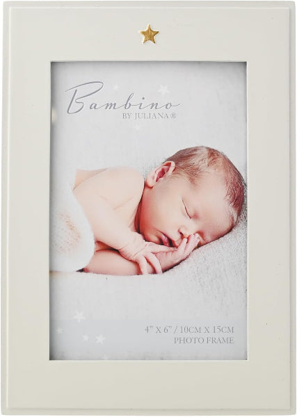 A square cream-colored baby photo frame with a small gold star at the top and a sample photo of a sleeping newborn baby. The frame includes text reading 'Bambino BY JULIANA' and '4" x 6" / 10CM x 15CM PHOTO FRAME' at the bottom.