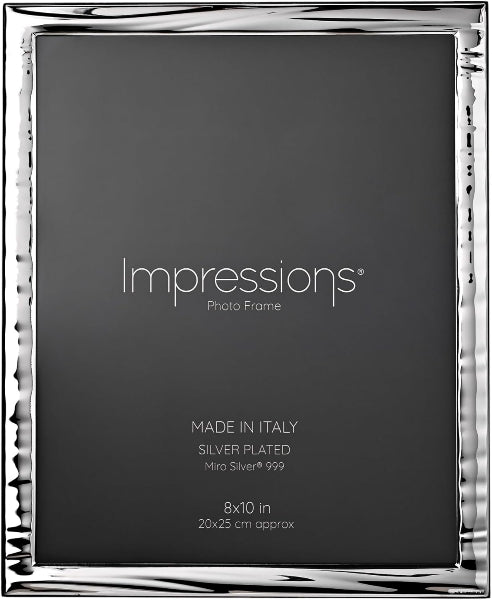 A square silver photo frame with a textured, wavy edge and a dark gray insert card. The card features white text reading 'Impressions Photo Frame' and 'Miro Silver 999', indicating a silver-plated finish.