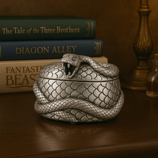 Silver snake-shaped container on a wooden surface with books in the background
