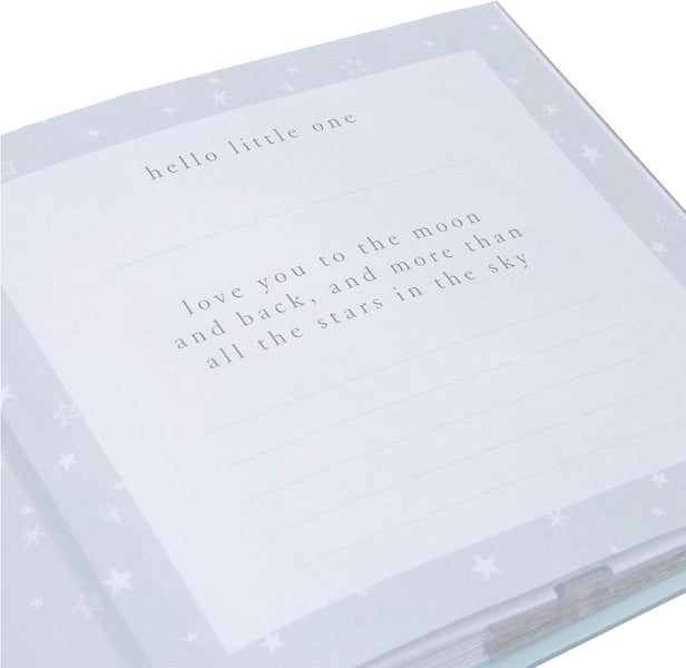 White decorative box with text 'hello little one' and 'love you to the moon and back, and more than all the stars in the sky'.