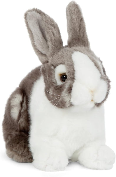 Plush toy rabbit with brown and white fur on a white background