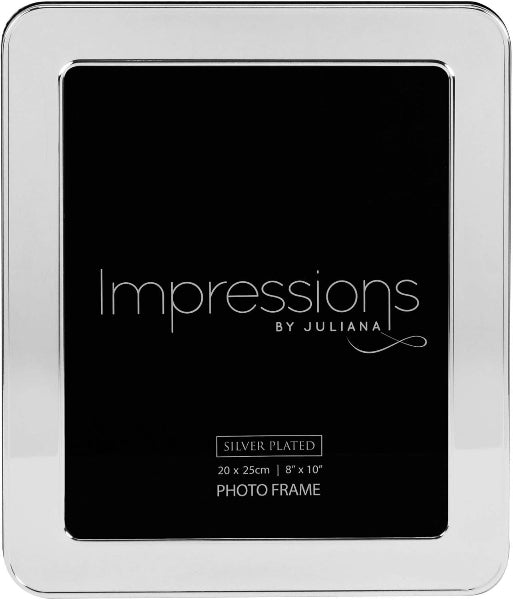 Silver-plated photo frame with 'Impressions by Juliana' branding on a black background