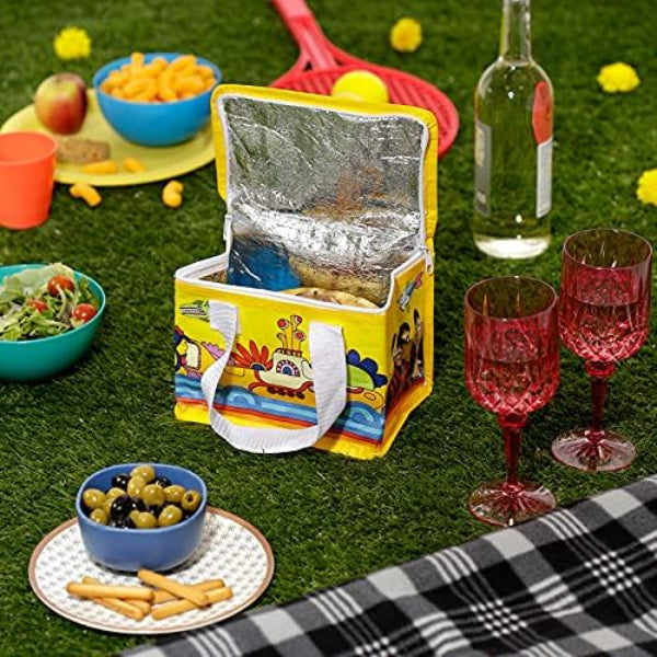 Colorful picnic setup with a insulated lunch bag, food items, and glasses on grass.
