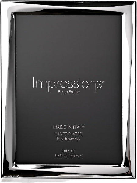 A silver-plated square photo frame by Impressions, shown closed with a black insert card. The card displays white text including 'Impressions Photo Frame', 'MADE IN ITALY', 'SILVER PLATED', and '5x7 in'.