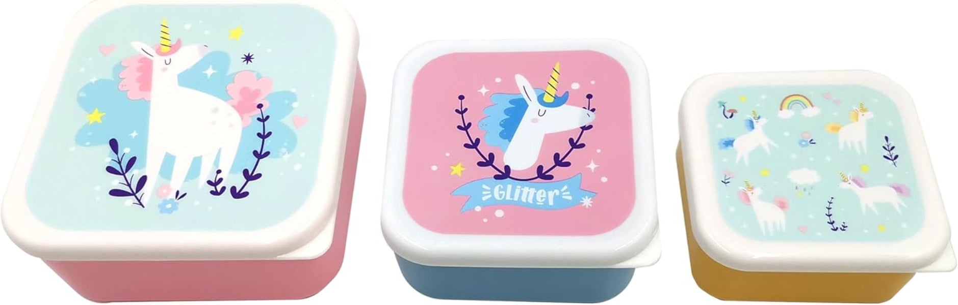 Set of three small containers with unicorn designs on lids.
