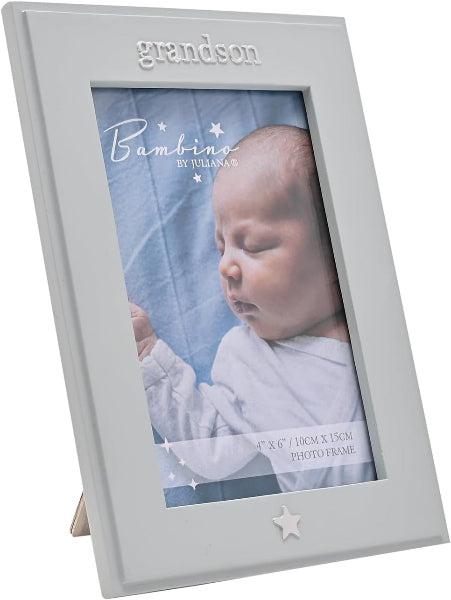 A light gray personalized picture frame with a small star detail at the bottom and the word 'grandson' at the top, shown standing on a small internal stand against a white background.