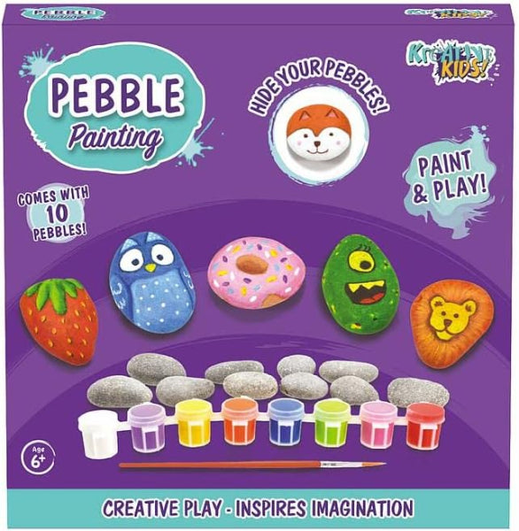 Pebble painting kit packaging with colorful pebbles and paint bottles on a purple background.