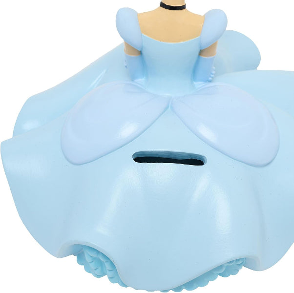 A light blue Cinderella-themed money box shaped like her dress, with a coin slot on the back, photographed against a plain white background.