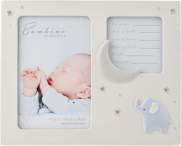 A white personalized baby photo frame with a crescent moon and elephant decoration, featuring a sample photo of a sleeping baby and editable text fields on the right side.