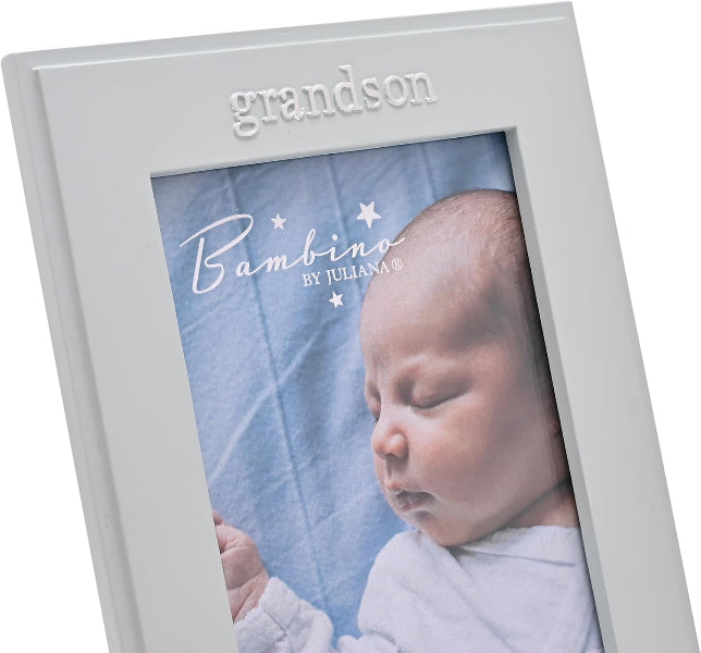 A light gray picture frame with the word 'grandson' embossed at the top, holding a photograph of a sleeping newborn baby on a blue blanket. The photo inside the frame includes the text 'Bambino BY JULIANA'.