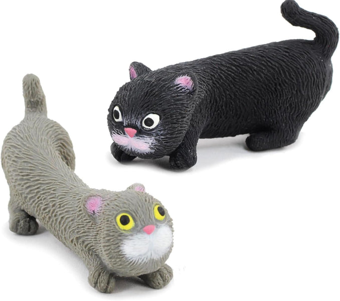 Two cat-shaped toys, one gray and one black, on a white background.