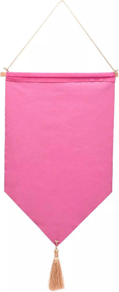 Pink banner with a tassel hanging against a white background