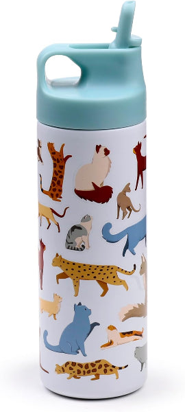 Water bottle with animal pattern and blue lid on a white background