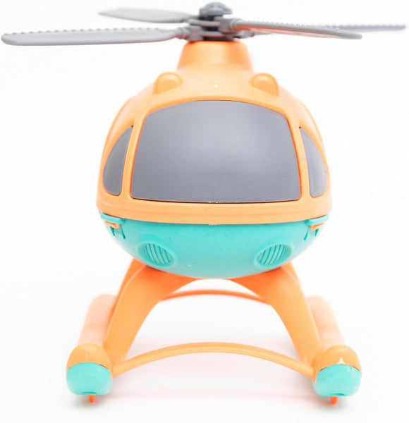 Toy helicopter with orange body and teal accents on a white background