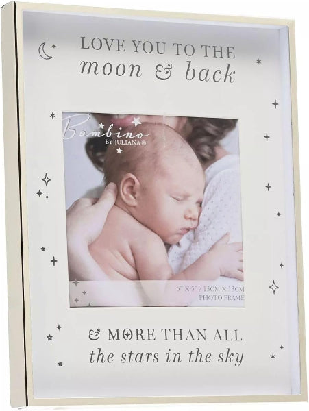 A square cream-colored baby photo frame with decorative text reading 'LOVE YOU TO THE moon & back' and '& MORE THAN ALL the stars in the sky,' plus small star and moon illustrations. A sample photo of a sleeping baby is printed in the center.