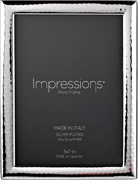 Silver-plated photo frame with 'Impressions' branding on a black background
