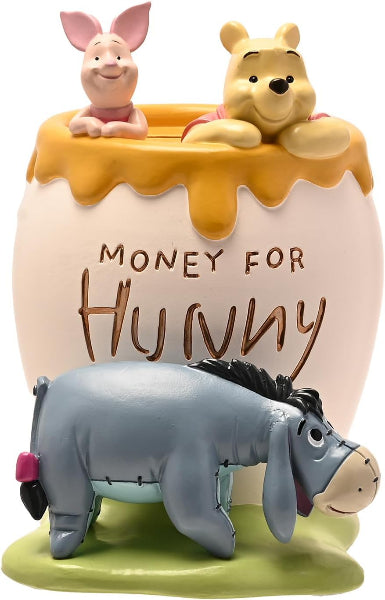 Figurine with Piglet, Winnie the Pooh, and Eeyore on a honeycomb with 'Money for Hunny' text.