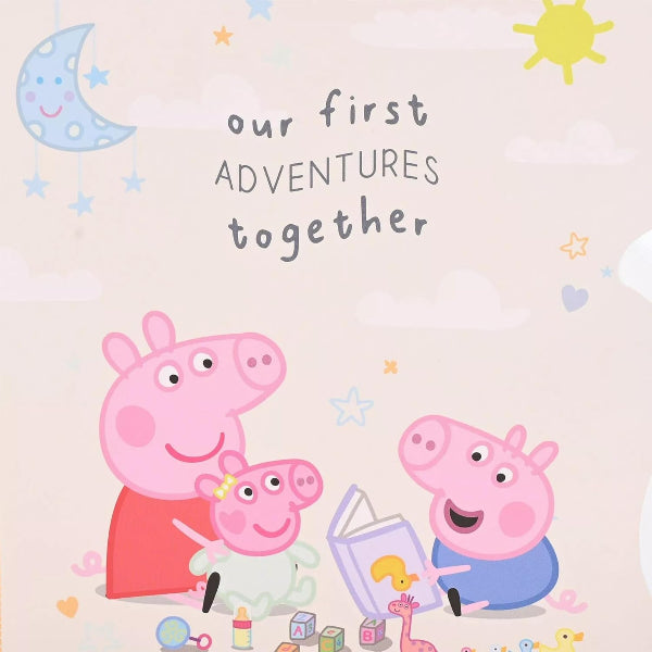 Cartoon characters from Peppa Pig with 'our first adventures together' text on a pastel background.