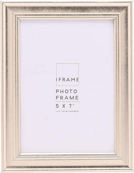 A square silver picture frame with a textured metallic finish, shown empty with a white insert card that reads 'IFRAME PHOTO FRAME 5 X 7"'.