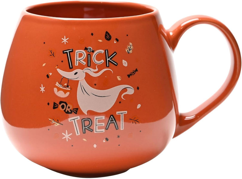 Orange mug with 'Trick or Treat' text and ghost design on a white background