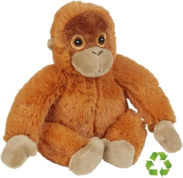 Plush monkey toy with a recycling symbol on a white background