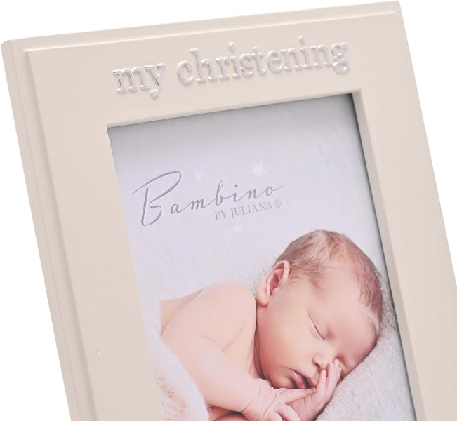 A cream-colored wooden picture frame with the words 'my christening' embossed at the top, holding a custom photo of a sleeping newborn baby with the text 'Bambino BY JULIANA'.