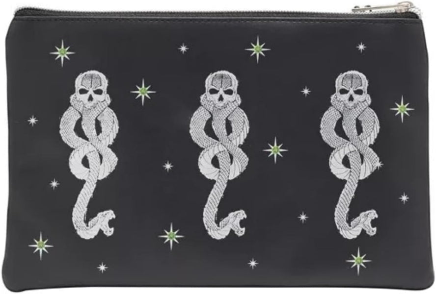 Black pouch with silver snake designs and star patterns on a dark background