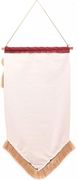 Beige banner with red top edge and brown fringe on a white background