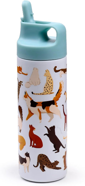 Water bottle with cat pattern and blue lid on a white background.