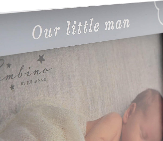 A close-up of a personalized baby blanket or wrap inside its packaging, featuring a printed photo of a sleeping newborn baby and the text 'Our little man' and 'Bambino BY JULIANA'.
