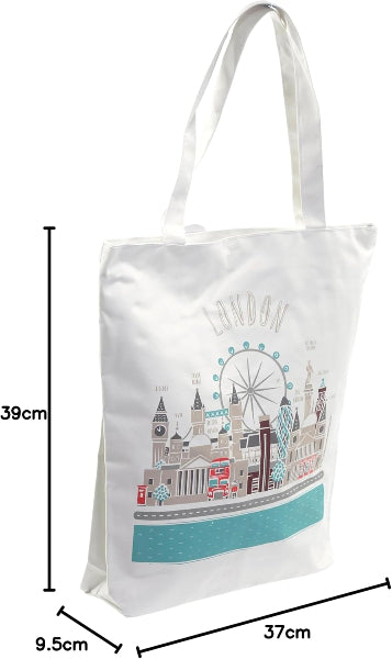 White tote bag with London-themed design and measurements on a white background