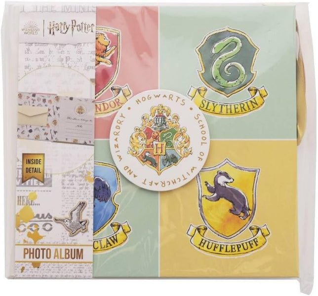 Harry Potter photo album with Hogwarts house crests on a white background